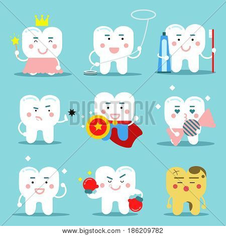 Different Human Teeth Characters vector illustration in flat style