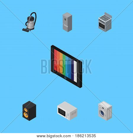 Isometric Device Set Of Kitchen Fridge, Vac, Microwave And Other Vector Objects. Also Includes Vac, Machine, Microwave Elements.