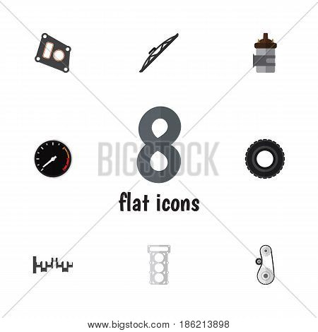 Flat Auto Set Of Gasket, Wheel, Tachometr And Other Vector Objects. Also Includes Speedometer, Drive, Belt Elements.