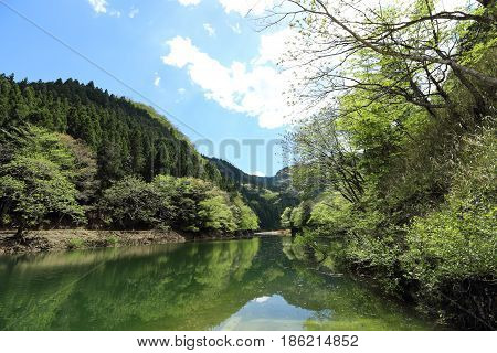 Lake Midori, dam lake of Shintoyone Dam in Aichi, Japan.