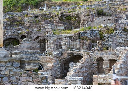 The ruins of the ancient antique city of Ephesus the library building of Celsus