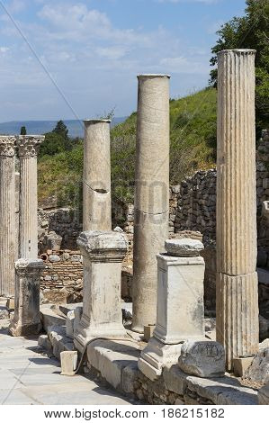 The ruins of the ancient antique city of Ephesus the library building of Celsus, the amphitheater temples and columns. Candidate for the UNESCO World Heritage List