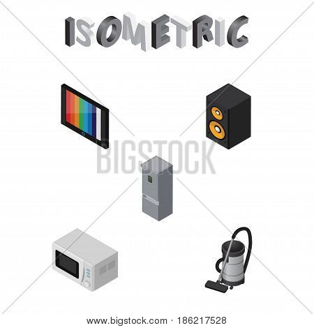 Isometric Device Set Of Television, Vac, Kitchen Fridge And Other Vector Objects. Also Includes Vac, Microwave, Refrigerator Elements.