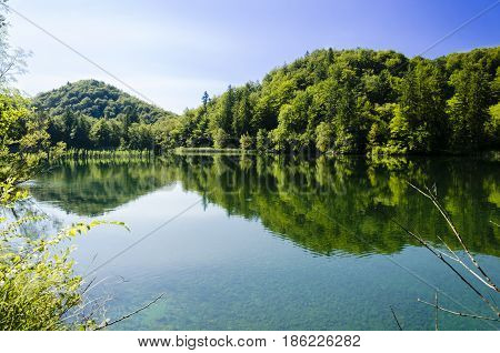 landscape of plitvice lake national park at sunset unesco heritage site plitvice croatia.