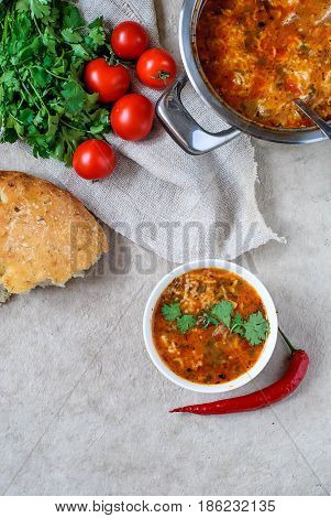 Georgian soup kharcho with cilantro and vegetables. The national Georgian dish is served with fresh lavash. Soup kharcho with vegetables and cilantro on a wooden table.