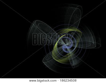 An abstract computer generated modern fractal design on dark background. Digital art. Vortex and rotation pattern