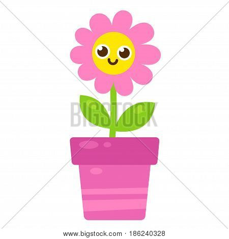 Cute cartoon pink flower with smiling face in flower pot. Vector illustration in simple modern flat style.