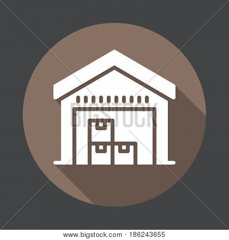Warehouse flat icon. Round colorful button circular vector sign with long shadow effect. Flat style design