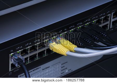 Network switch hub and ethernet cables for data center