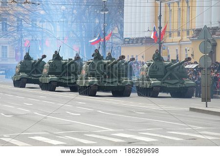 SAINT-PETERSBURG, RUSSIA - MAY 09, 2017: Column of self-propelled artillery installations 