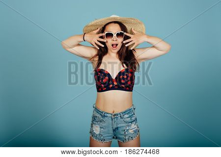 Playful Girl In Hat And Sunglasses