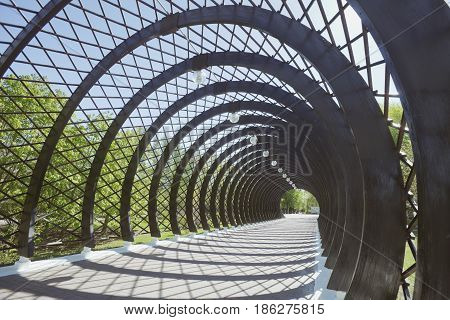 Covered gallery-berso (tunnel) before pedestrian Pushkin (Andreevsky) bridge in Moscow