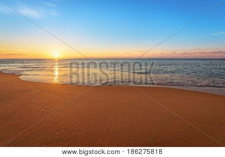 Beautiful sea in the morning. Golden sands.