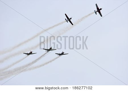 Albion Park Australia - May 6 2017. Display of Russian Roolettes Formation Team. Wings Over Illawarra is an annual air show held at Illawarra Regional Airport.