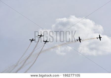 Albion Park Australia - May 6 2017. Display of Russian Roolettes Formation Team. Wings Over Illawarra is an annual air show held at Illawarra Regional Airport.