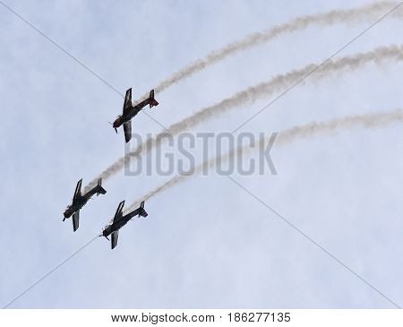Albion Park Australia - May 6 2017. Display of Russian Roolettes Formation Team. Wings Over Illawarra is an annual air show held at Illawarra Regional Airport.