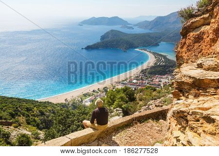 Hiking in famous Lycian Way in the Turkey. Backpacker in the trail.