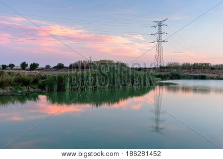 High voltage post. Highvoltage tower sky background.