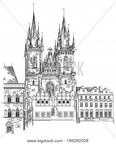Vector hand drawing illustration of Tyn Church in Old Town of Prague in Czech Republic