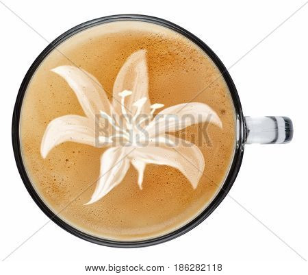 cup of coffee latte with foam isolated on white background. Top view latte art coffee. Lily flower on latte art drawing coffee cup