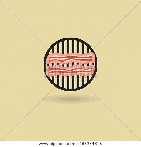 Vector icon two slices bacon on barbecue grill. Illustration bacon fried on grill bbq isolated on yellow background. Illustration pork meat