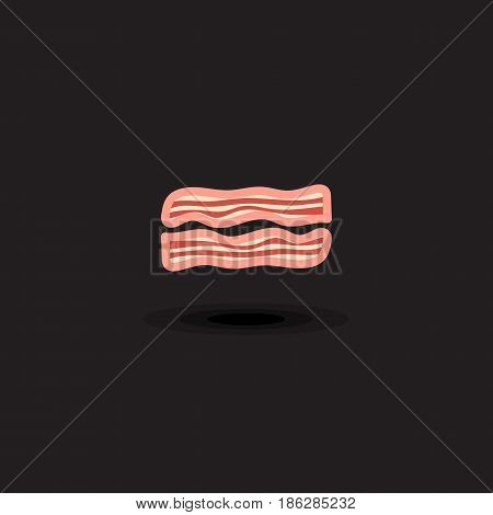 Vector icon two slices pork bacon. Illustration bacon isolated on black background. Illustration pork meat