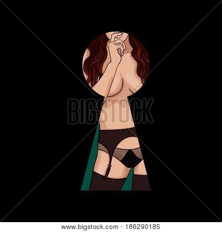 Cartoon slim attractive lady wearing black underwear and stockings in keyhole vector illustration