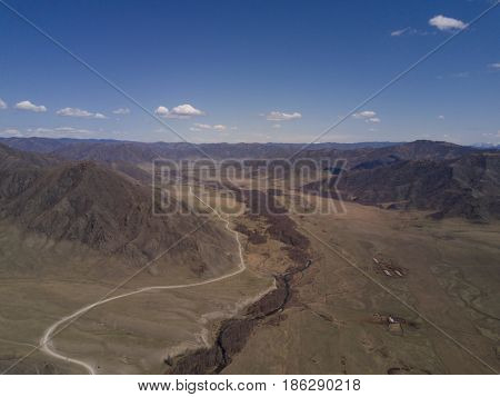 Altai mountains. Beautiful highland landscape. Russia. Siberia. Flight on quadcopter. Top view
