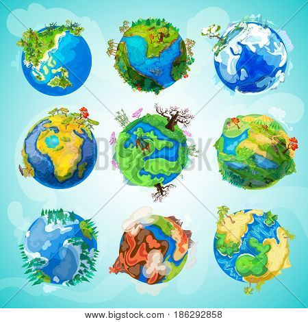 Colorful Earth planet collection with different kinds of nature landscapes in cartoon style isolated vector illustration