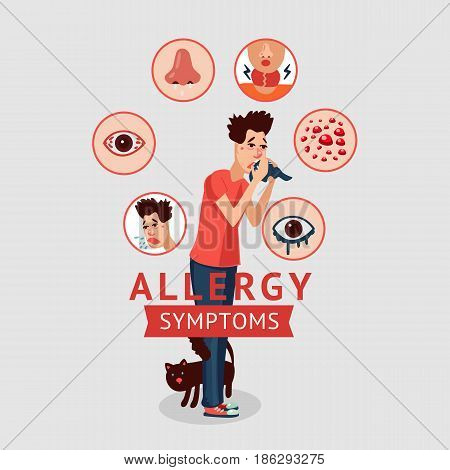 Allergy symptoms concept with cough sneeze itching skin rash runny nose and sick sore eyes isolated vector illustration