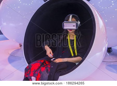 LAS VEGAS - JAN 08 : Virtual reality demonstration at The Huawei booth at the CES show in Las Vegas on January 08 2017 CES is the world's leading consumer-electronics show.
