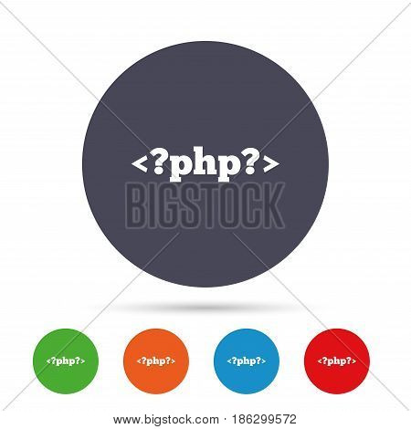 PHP sign icon. Programming language symbol. Round colourful buttons with flat icons. Vector