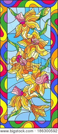 Illustration in stained glass style with daffodils on blue backgroundvertical orientation