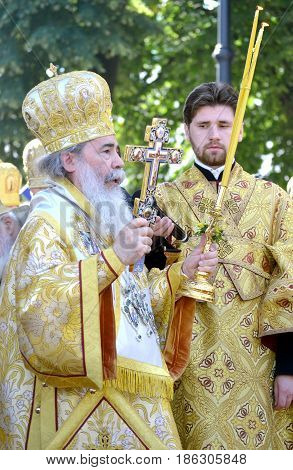 Kiev, Ukraine, celebration liturgy in honor of the baptism of Rus in Kiev Pechersk Lavra - 27 July 2013 -: Portrait Theophilus III Patriarch of Jerusalem