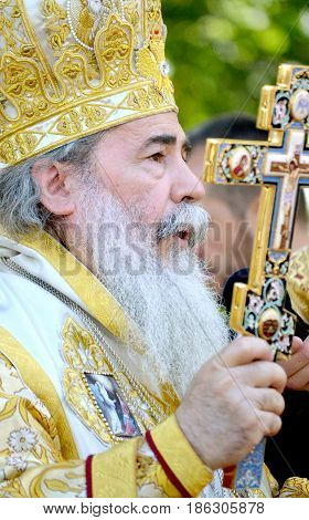 Kiev, Ukraine, celebration liturgy in honor of the baptism of Rus in Kiev Pechersk Lavra - 27 July 2013 -: Portrait Theophilus III Patriarch of Jerusalem