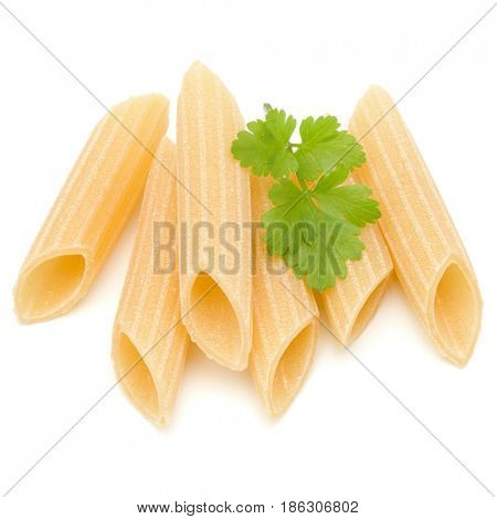 Italian pasta isolated on white background. Pennoni. Penne rigate.