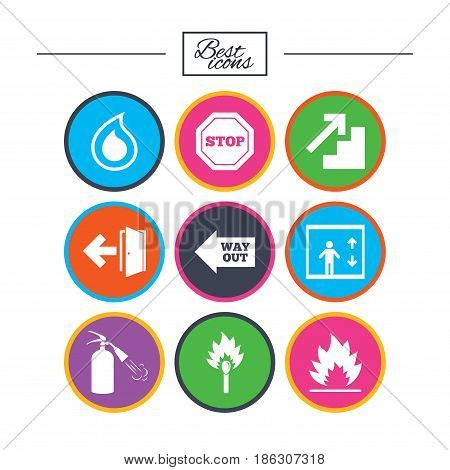 Fire safety, emergency icons. Fire extinguisher, exit and stop signs. Elevator, water drop and match symbols. Classic simple flat icons. Vector