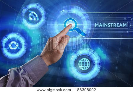 Business, Technology, Internet And Network Concept. Young Businessman Working On A Virtual Screen Of