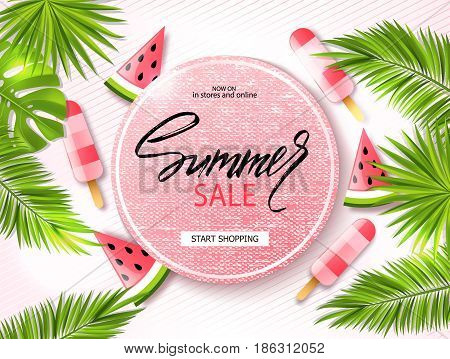 Summer sale banner, poster with palm leaves, jungle leaf, ice cream, watermelon and handwriting lettering. Tropical background. Vector illustration EPS10