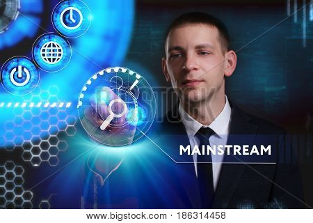 Business, Technology, Internet And Network Concept. Young Businessman Working On A Virtual Screen Of