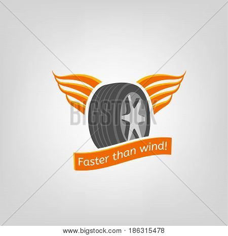 Car tire icon with wings in grey and orange colours useful for icon and logotype design on a light background. Realistic graphic style. Transportation automotive concept. Beautiful vector illustration