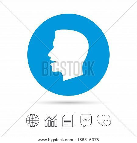 Talk or speak icon. Loud noise symbol. Human talking sign. Copy files, chat speech bubble and chart web icons. Vector