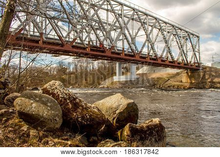 Russia. The Leningrad Region. Losevo. Bridge over the river Vuoksa with river rapids