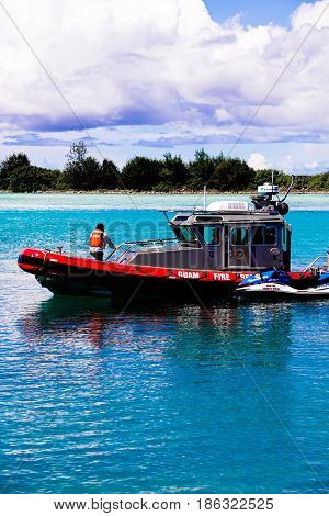 Tamon Guam Island October 31 2015: Island of Guam Fire Rescue boat in the Tamon harbor on October 31th 2015