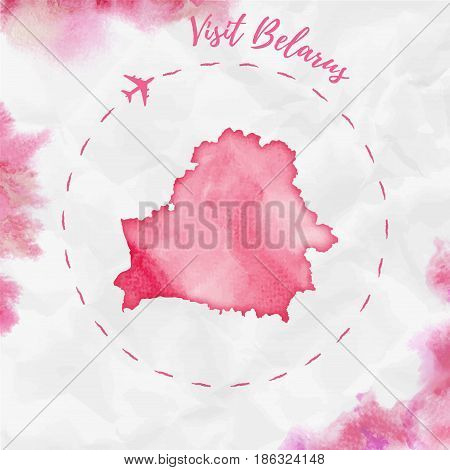 Belarus Watercolor Map In Red Colors. Visit Belarus Poster With Airplane Trace And Handpainted Water