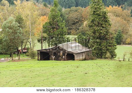 Vintage farm on green hillside near trees.