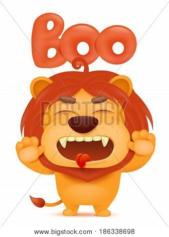 Lion cartoon emoji character saying boo. Vector illustration