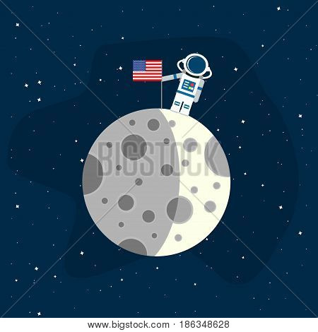 Moon in the background of an open space. An astronaut with an American flag on the surface of the moon. Vector illustration in a flat style