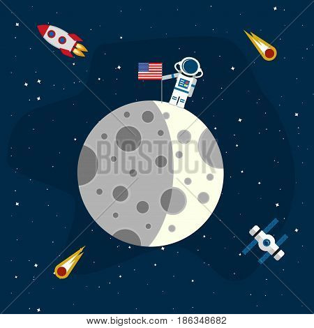 Moon in the background of an open space. An astronaut with an American flag on the surface of the moon. Vector illustration in a flat style