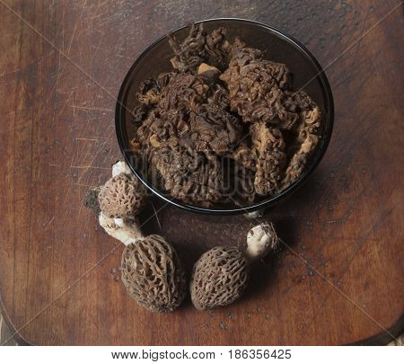 Morel fungus boiled ready for frying close up